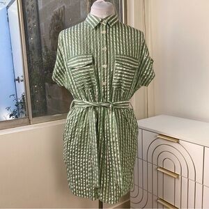 FRNCH Paris Metallic Stripe Shirt Dress in Sage/White/Silver, Size S/M